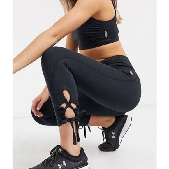 Free People Movement Swerve Leggings Black Hi Waist Ankle Bow Tie Small Petite - Picture 1 of 8